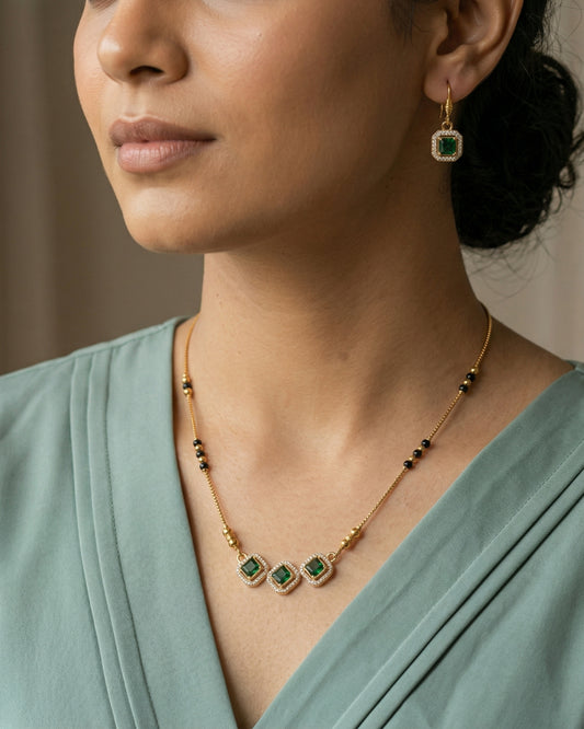 Emerald Trio Set - Mangalsutra and Earring Set