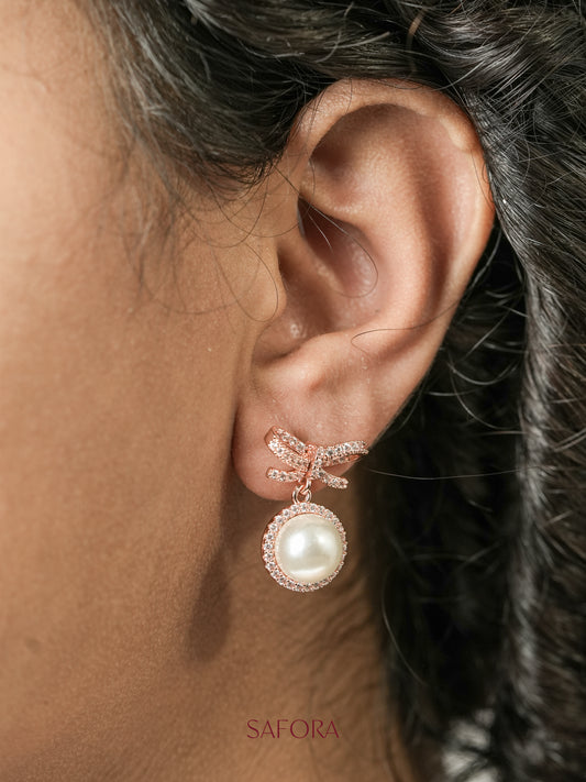 Rose Gold Bow Pearl Drop Earrings