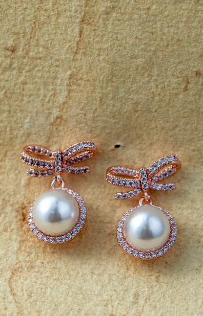 Rose Gold Bow Pearl Drop Earrings