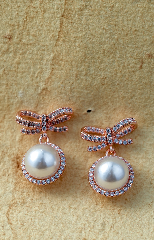 Rose Gold Bow Pearl Drop Earrings