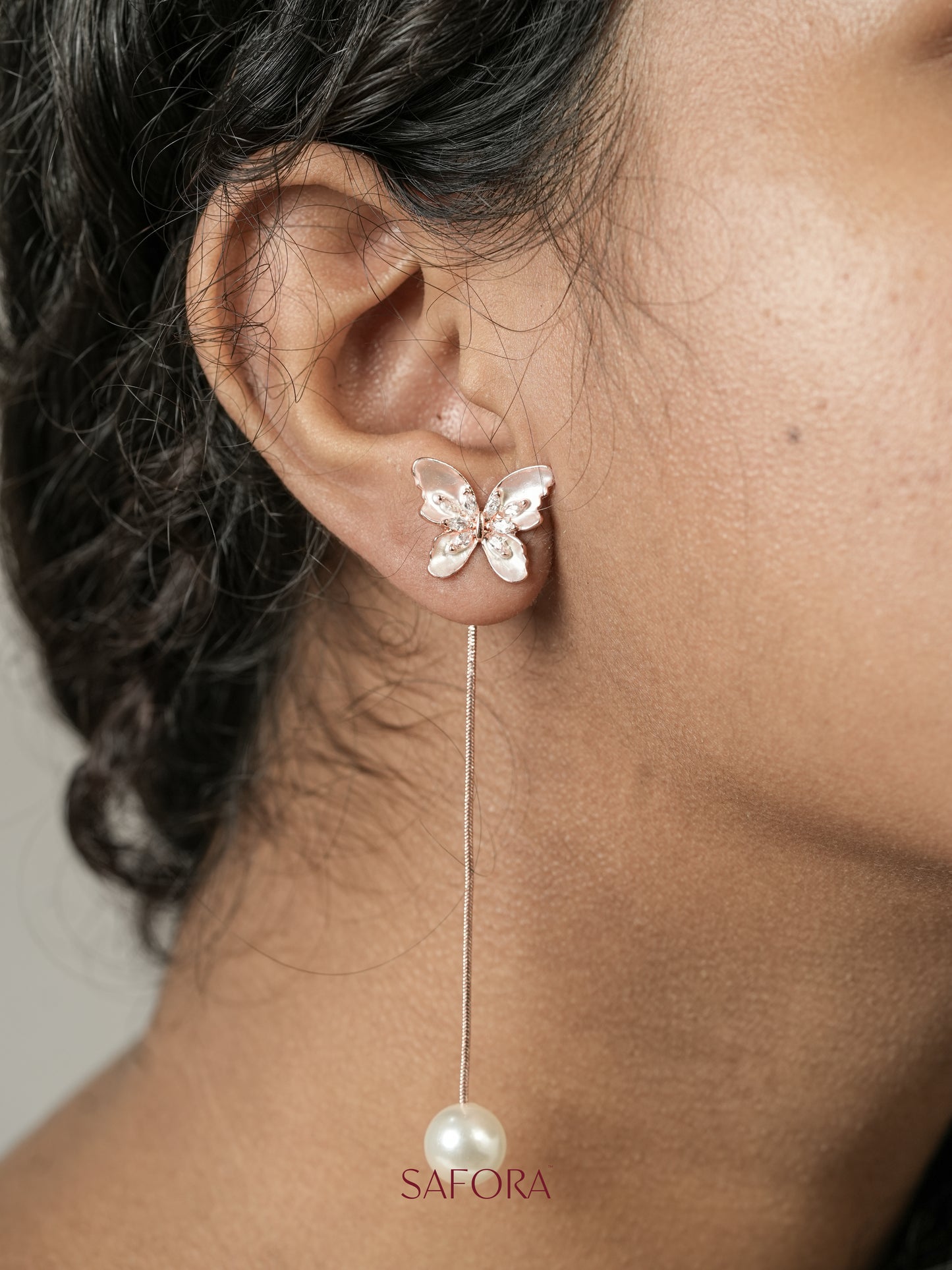 Rose Gold Butterfly & Pearl Drop Earrings