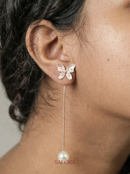 Rose Gold Butterfly & Pearl Drop Earrings