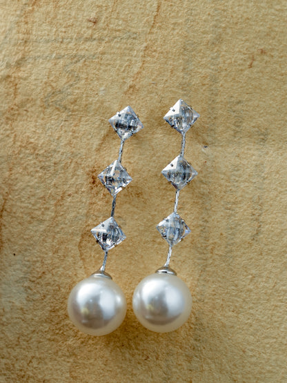 Silver Crystal Vine Pearl Drop Earrings