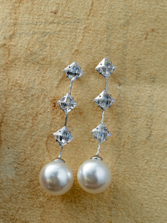 Silver Crystal Vine Pearl Drop Earrings