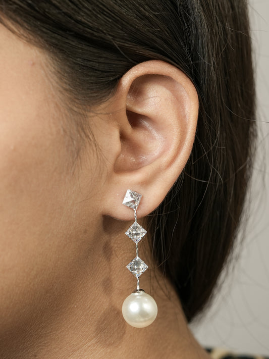 Silver Crystal Vine Pearl Drop Earrings